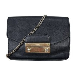 FURLA Mini Crossbody Black Bag Genuine Leather Chain Strap